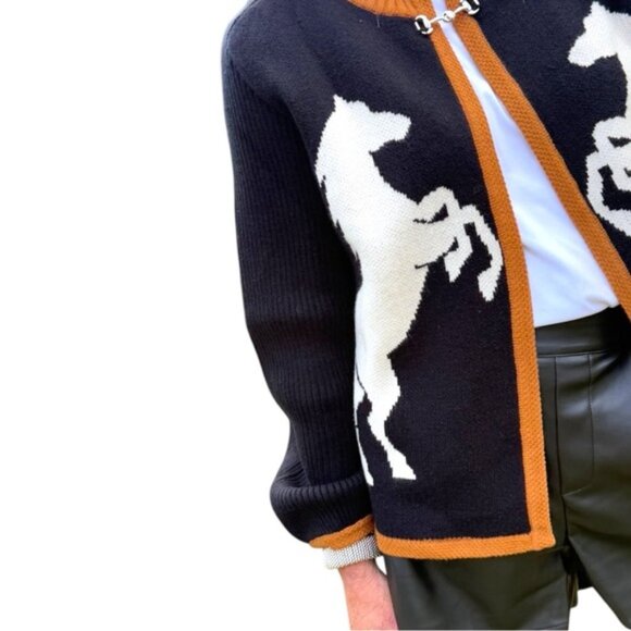 “Don't Reign Me In” Cardigan Black/Rust White Horse Silhouette Horse Bit Closure - Picture 7 of 9